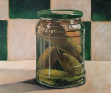 Michael Of_Lust auf Grün Gurkenglas_2025_Öl auf Baumwolle in Köperbindung_50 x 60 cm_Foto Michael Of | © Michael Of_Lust auf Grün Gurkenglas_2025_Öl auf Baumwolle in Köperbindung_50 x 60 cm_Foto Michael Of